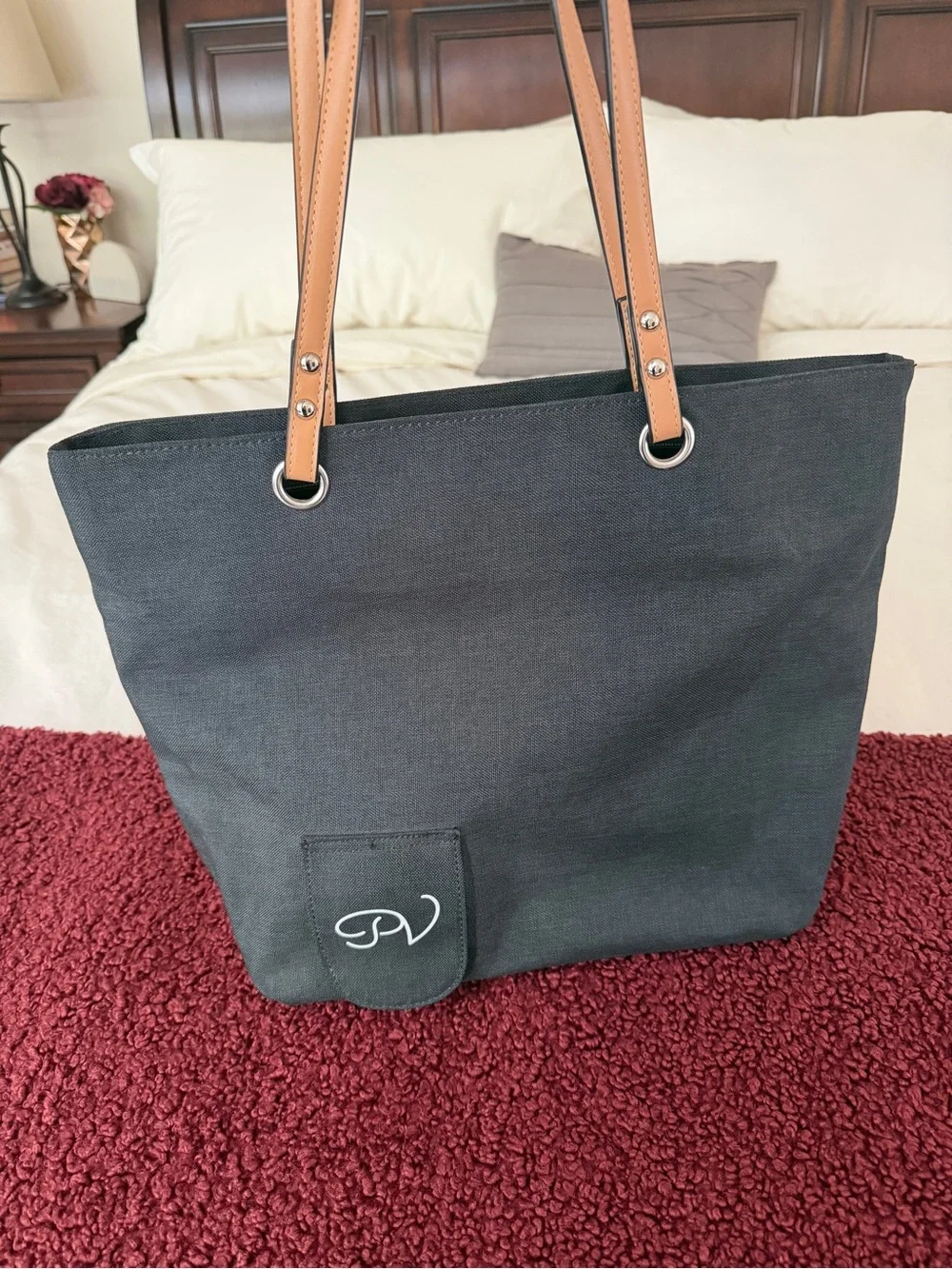 Black Canvas Wine Holder Tote with Tan Shoulder Straps